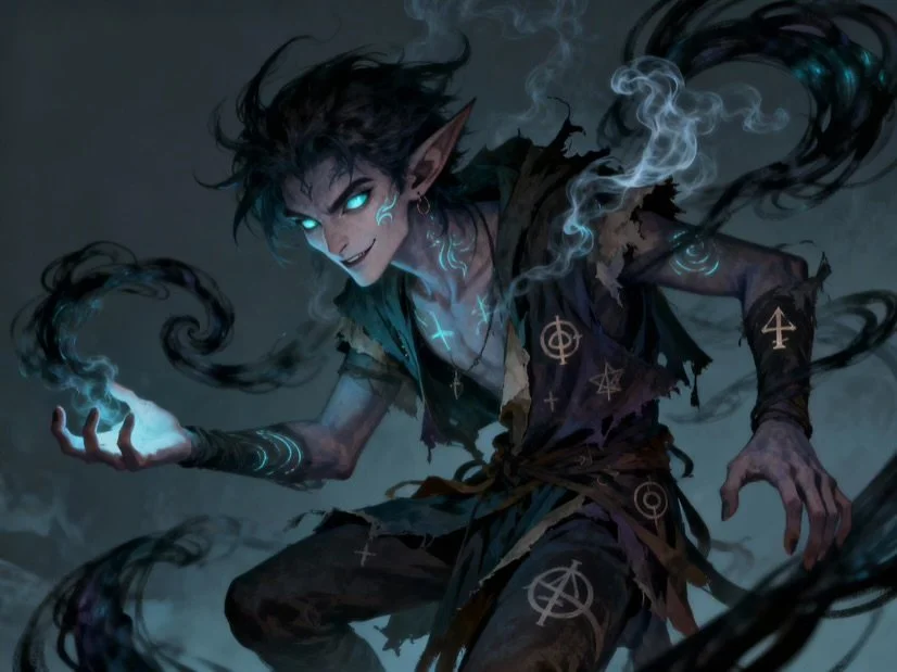 Digital illustration of a mischievous elf with glowing blue eyes and dark, wild hair, surrounded by dark smoke and mystical symbols, wearing tattered clothing.