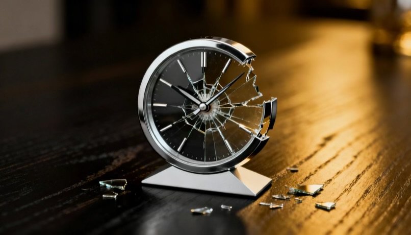 A shattered black and silver clock on a dark wooden surface, with broken glass scattered around.