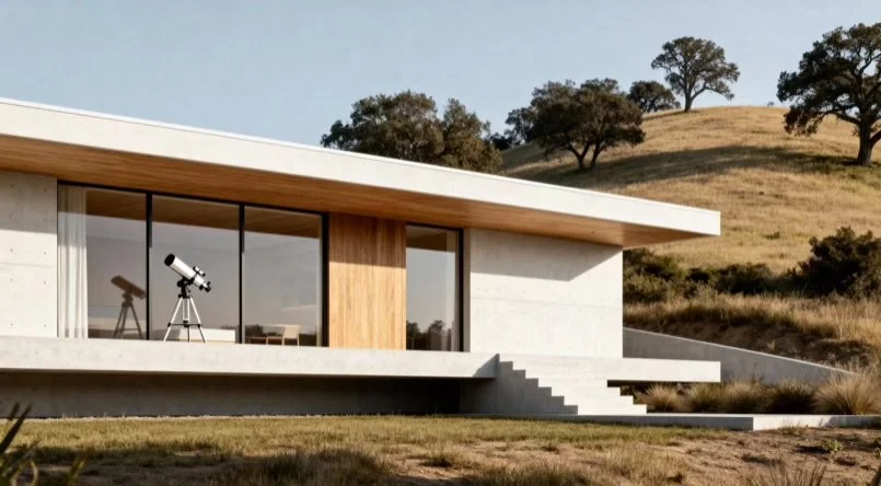 Modern house with large glass windows, telescopes inside, and outdoor stairs leading to the yard, with a hillside and trees in the background.