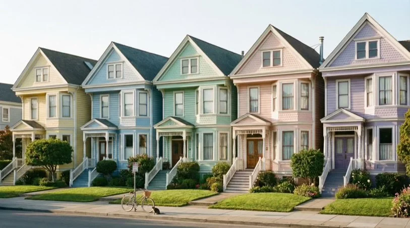 A row of colorful Victorian-style houses painted in pastel shades of yellow, blue, green, pink, and purple, with manicured lawns and small trees in front.