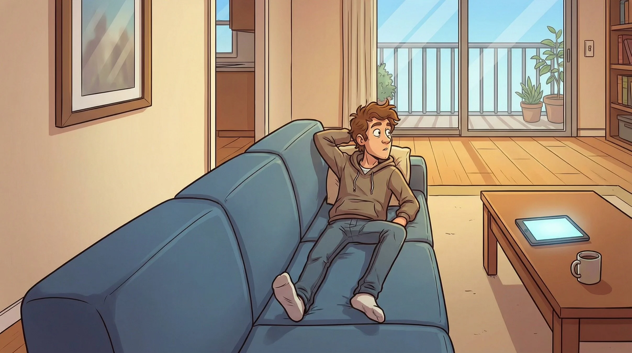 A young man with brown hair is sitting on a blue couch in a living room, looking to his right with a surprised expression, one arm behind his head and the other resting on his lap. There is a wooden coffee table with a tablet and a mug on it, and sliding glass doors leading to a balcony with potted plants.
