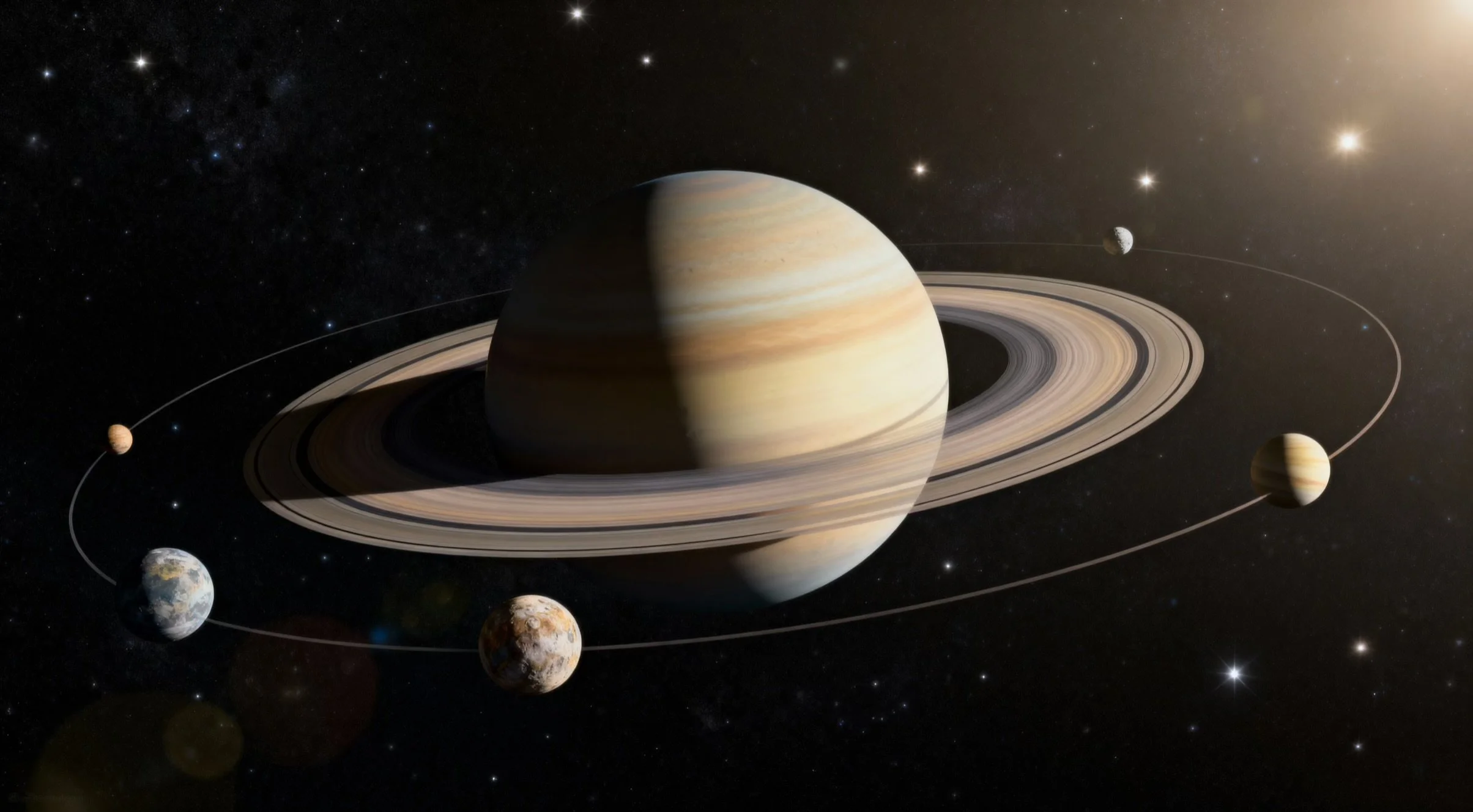 A detailed illustration of the planet Saturn with its rings, with several of its moons visible in space around it, against a backdrop of stars and cosmic dust.