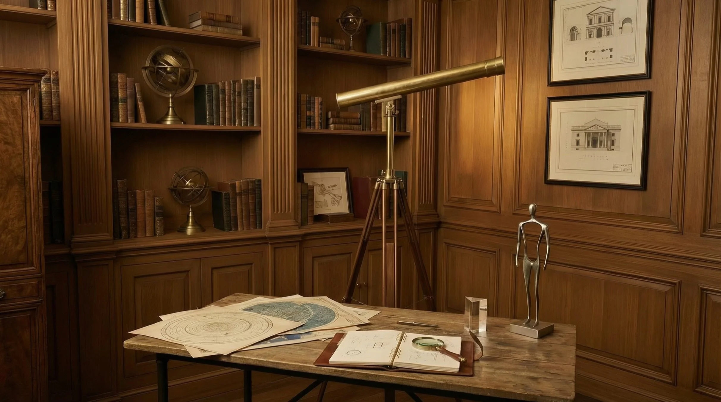 A wooden study room with bookshelves, a telescope, framed architectural sketches on the wall, and a cluttered table with maps, a notebook, and a magnifying glass.