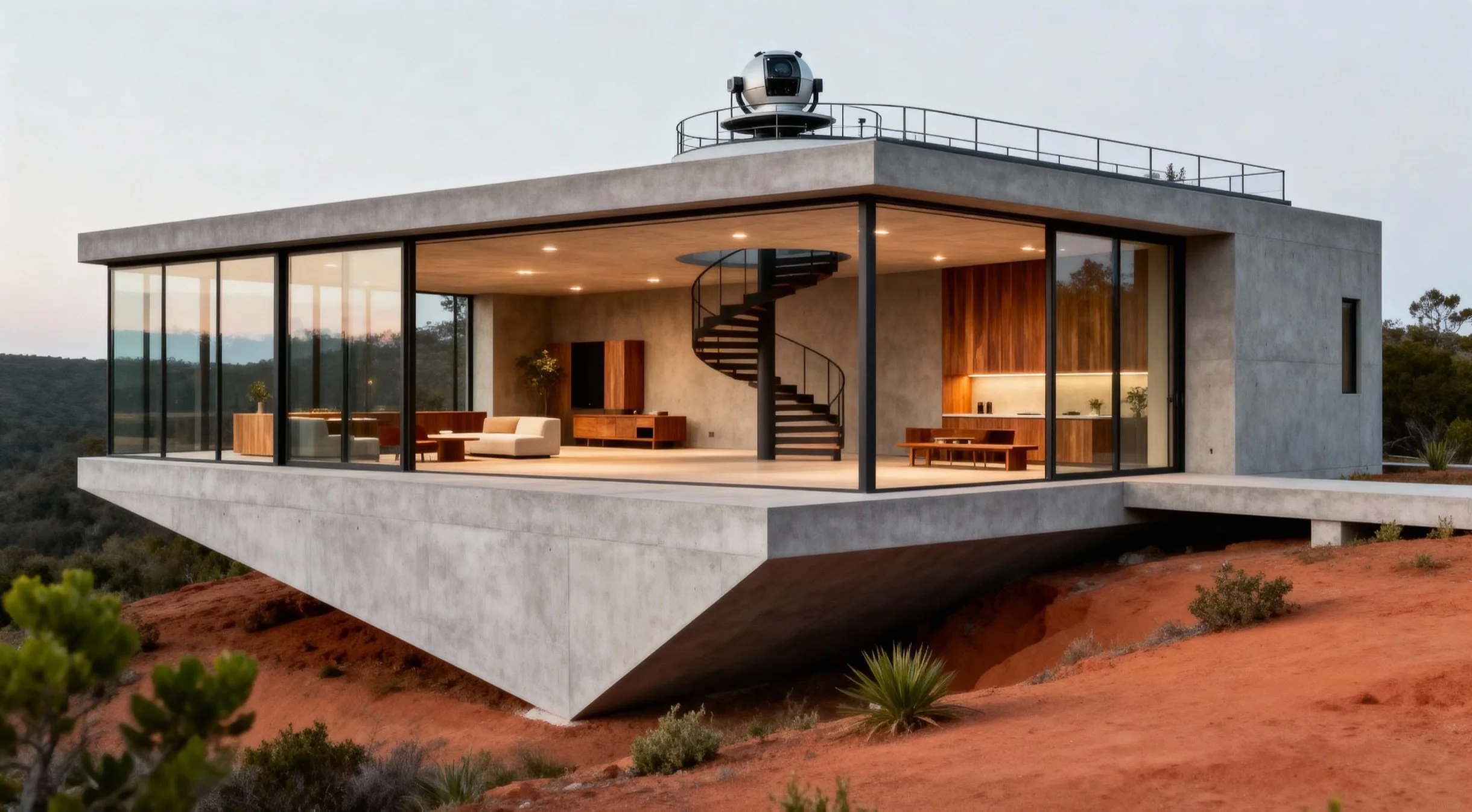 Modern house with large glass windows built on a cliffside, featuring an open interior with minimalistic furniture and a spiral staircase, surrounded by desert vegetation.