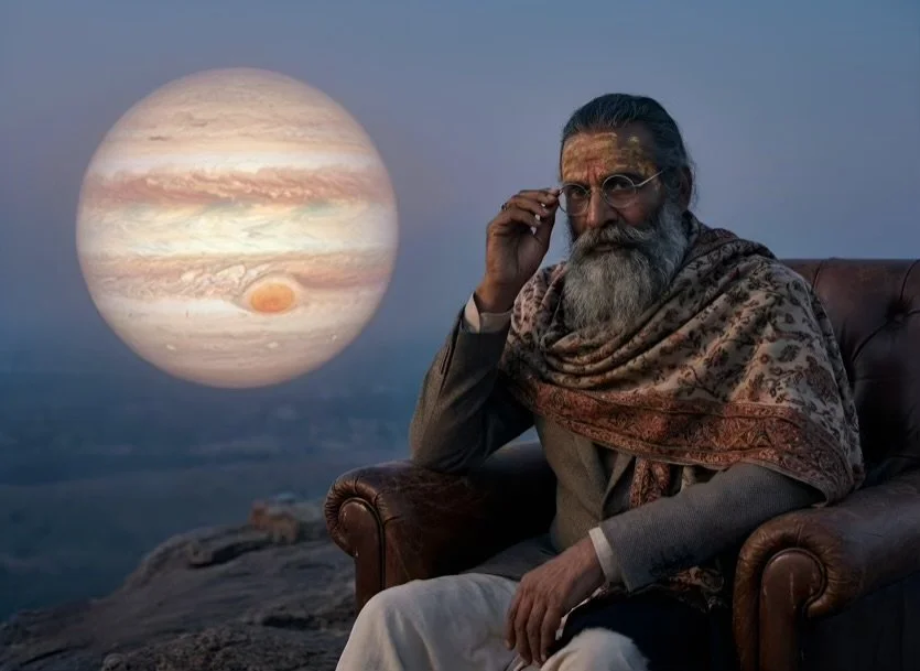 An elderly man with glasses and a long gray beard, wearing traditional attire, sits on a leather armchair on a rocky landscape at dusk. Behind him is a large, glowing planet resembling Jupiter with visible swirling clouds and a small orange spot near the bottom.