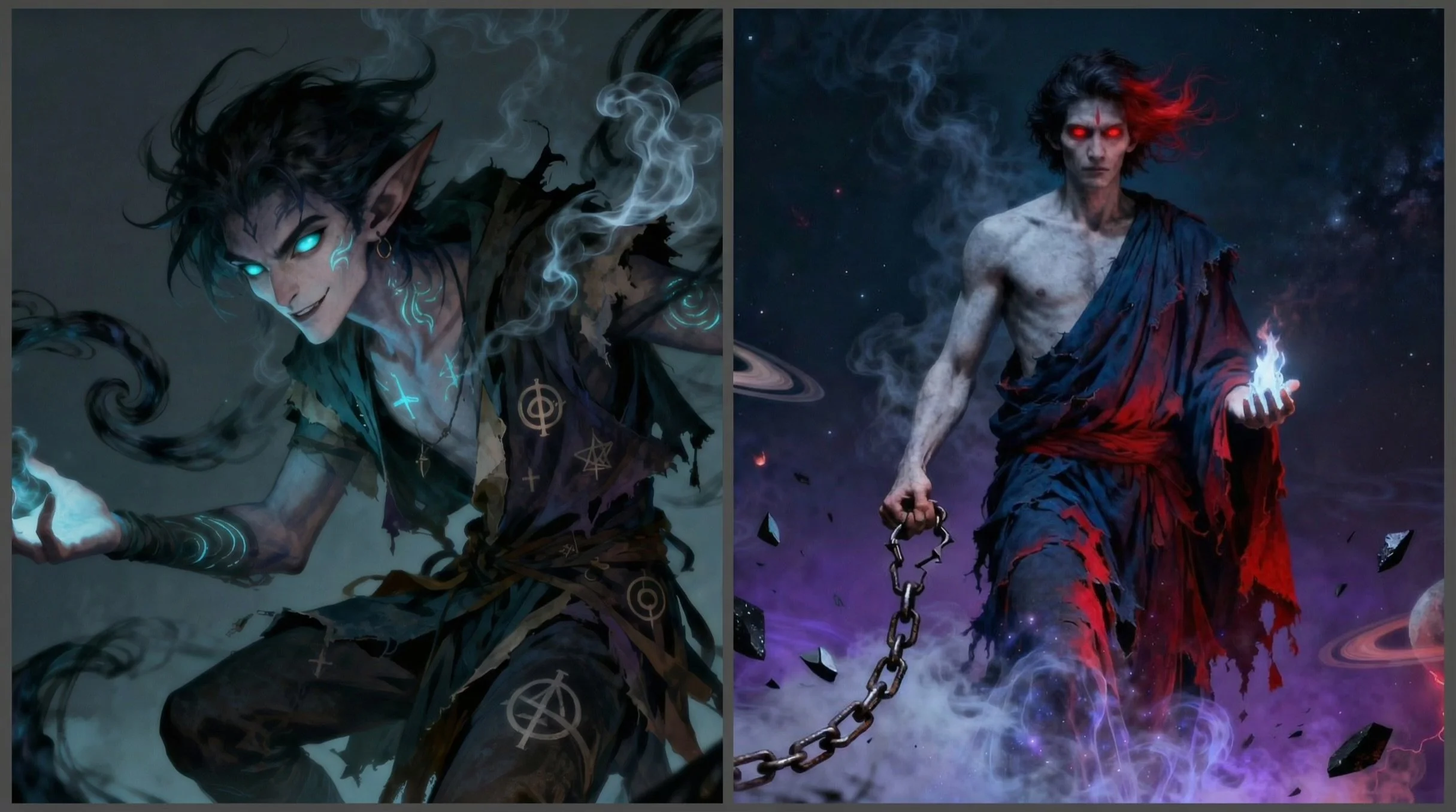 Side-by-side images of fantasy characters with supernatural themes. The left character has elf-like features, glowing eyes, dark hair, pointed ears, and magical symbols on clothing and accessories. The right character is male, with glowing red eyes, dark hair, and tattered clothing, holding a chain and surrounded by cosmic elements like stars and planets.