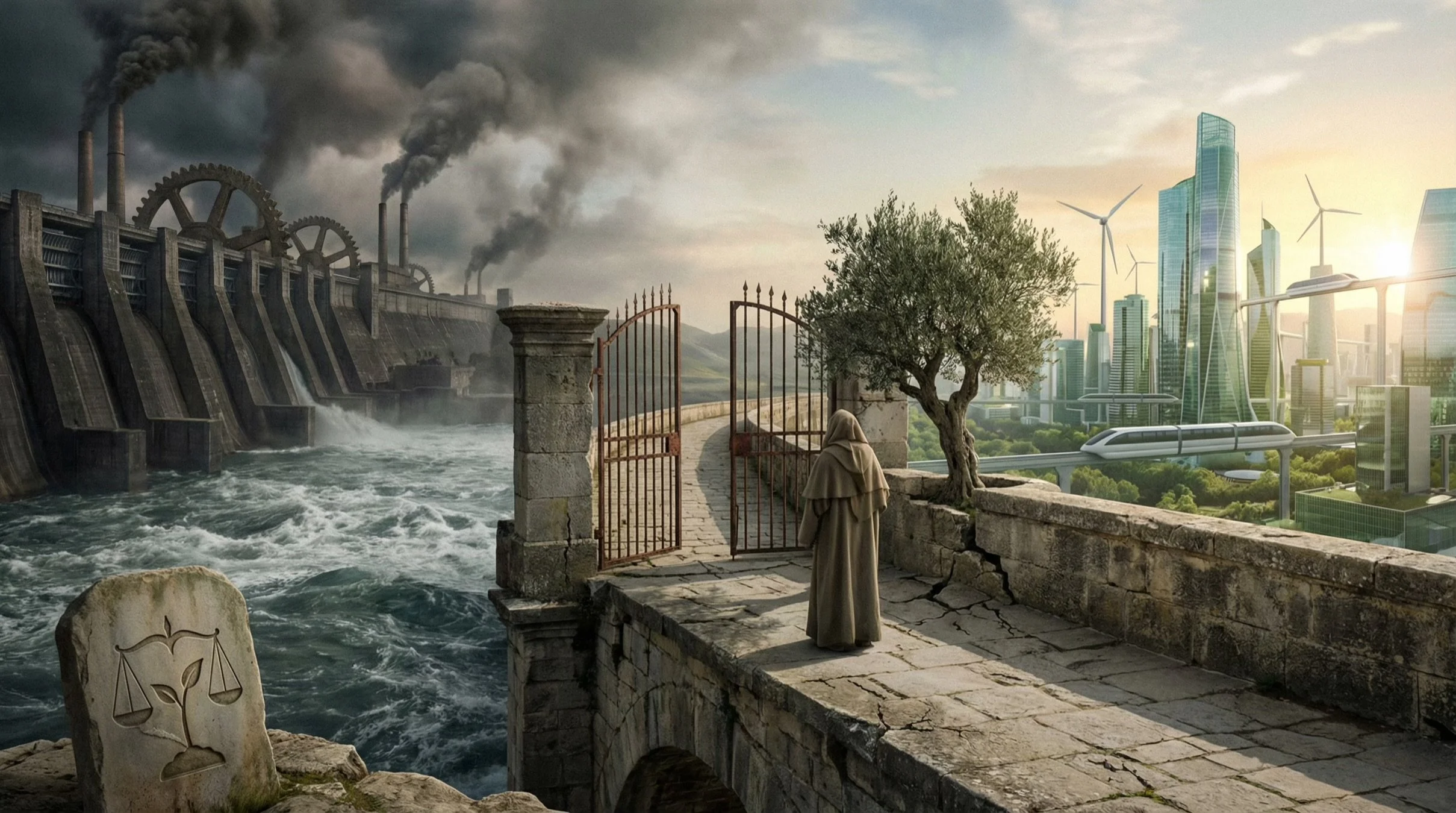 A person in a beige robe standing on a stone bridge with an open gate, looking over a dam with dark smoke emerging from industrial chimneys on the left, and a futuristic city with skyscrapers and wind turbines on the right, during sunset.