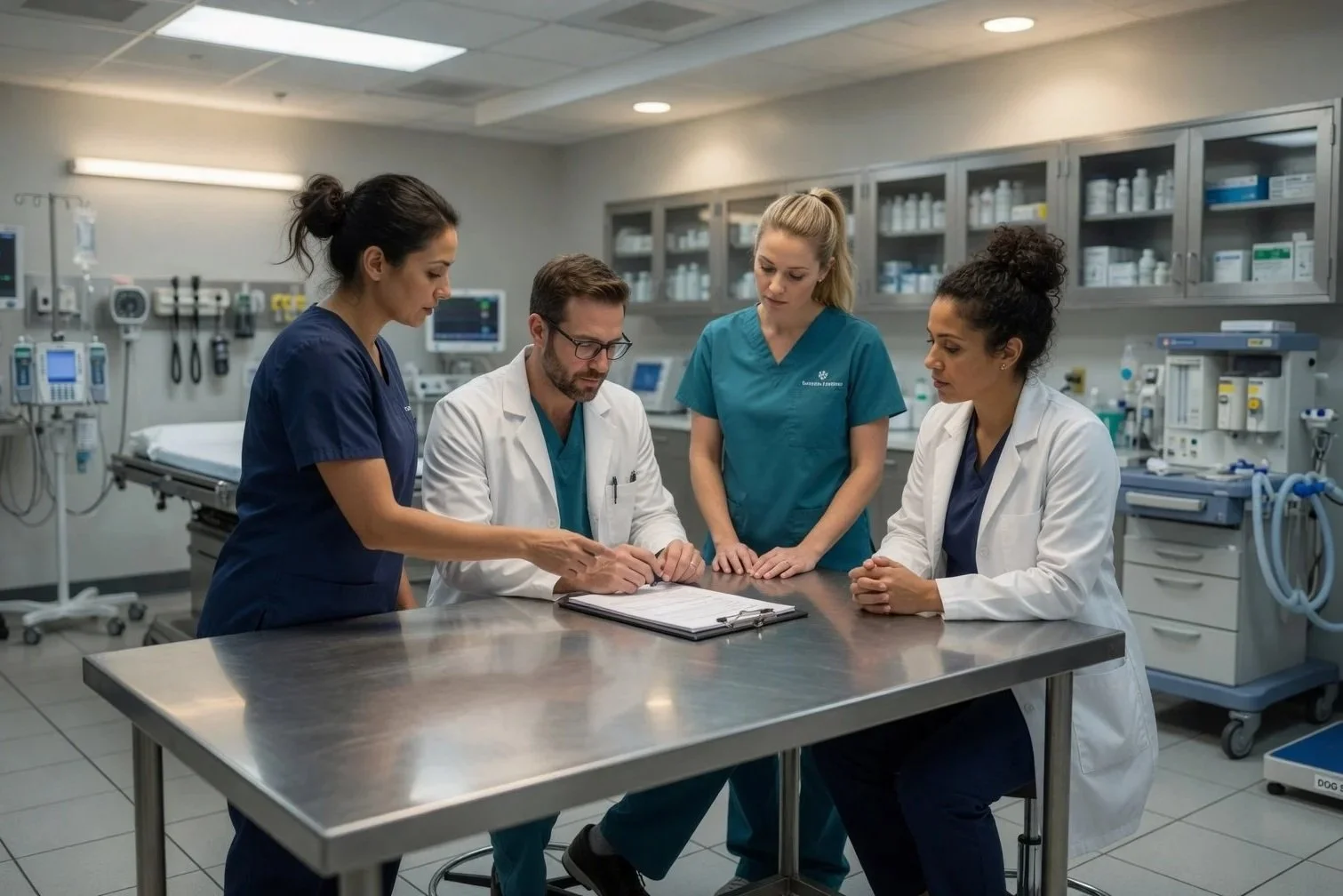 Diverse veterinary team in scrubs and lab coats conducting a focused morning huddle around a stainless steel table in a modern Canadian veterinary clinic, reviewing notes and coordinating patient care.