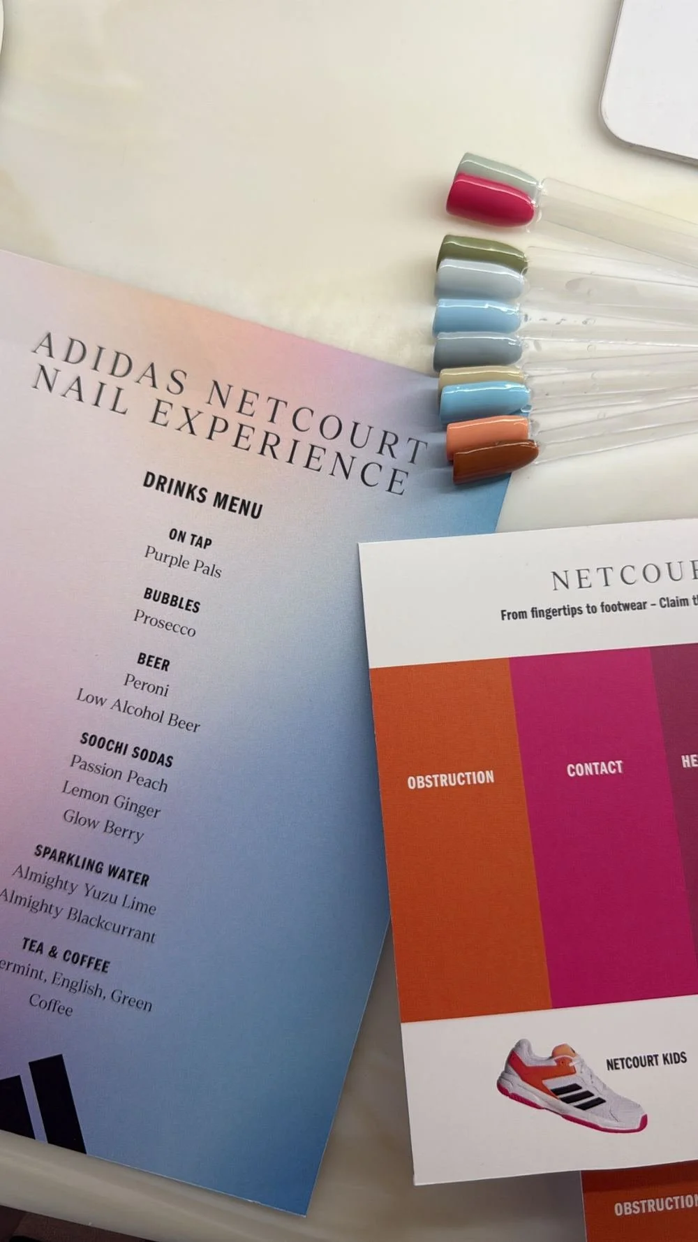 Adidas Netcourt private event nail experience with colour samples and branded drinks menu