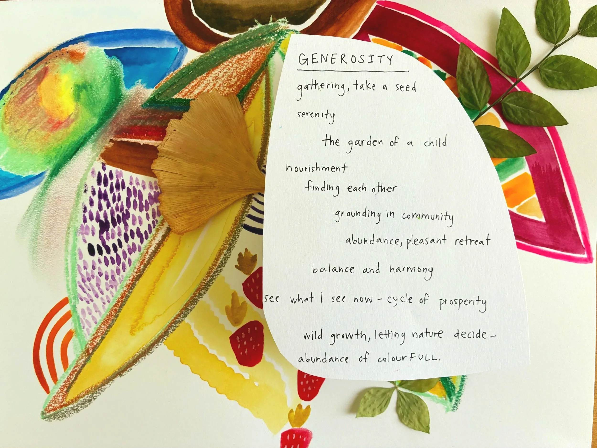 Watercolour artwork with a handwritten poem titled "Generosity": gathering, serenity, nourishment, finding each other
