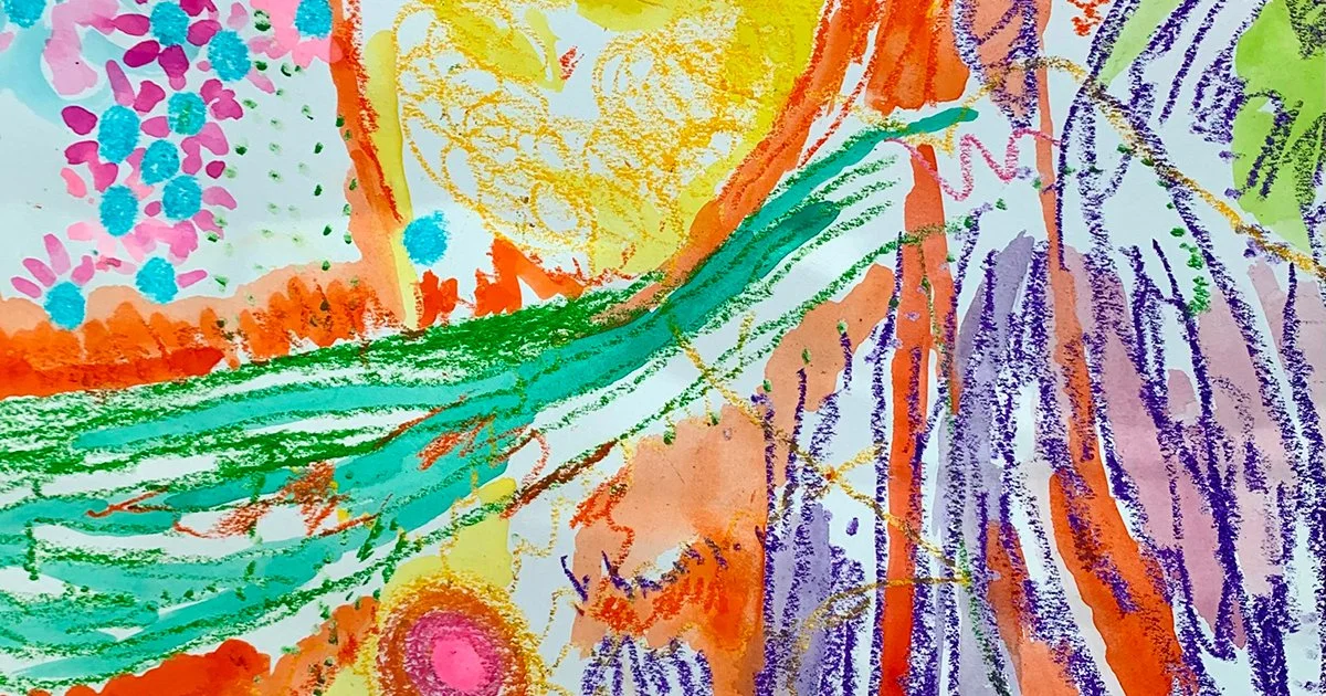 Detail of a shared watercolour and oil pastel artwork in bright greens, oranges and purples