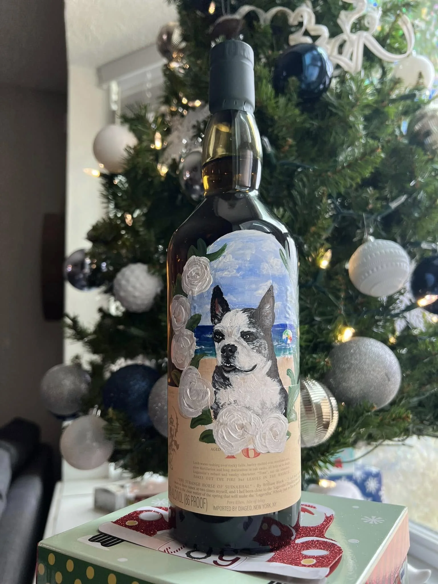 Custom painted dog portrait on wine bottle