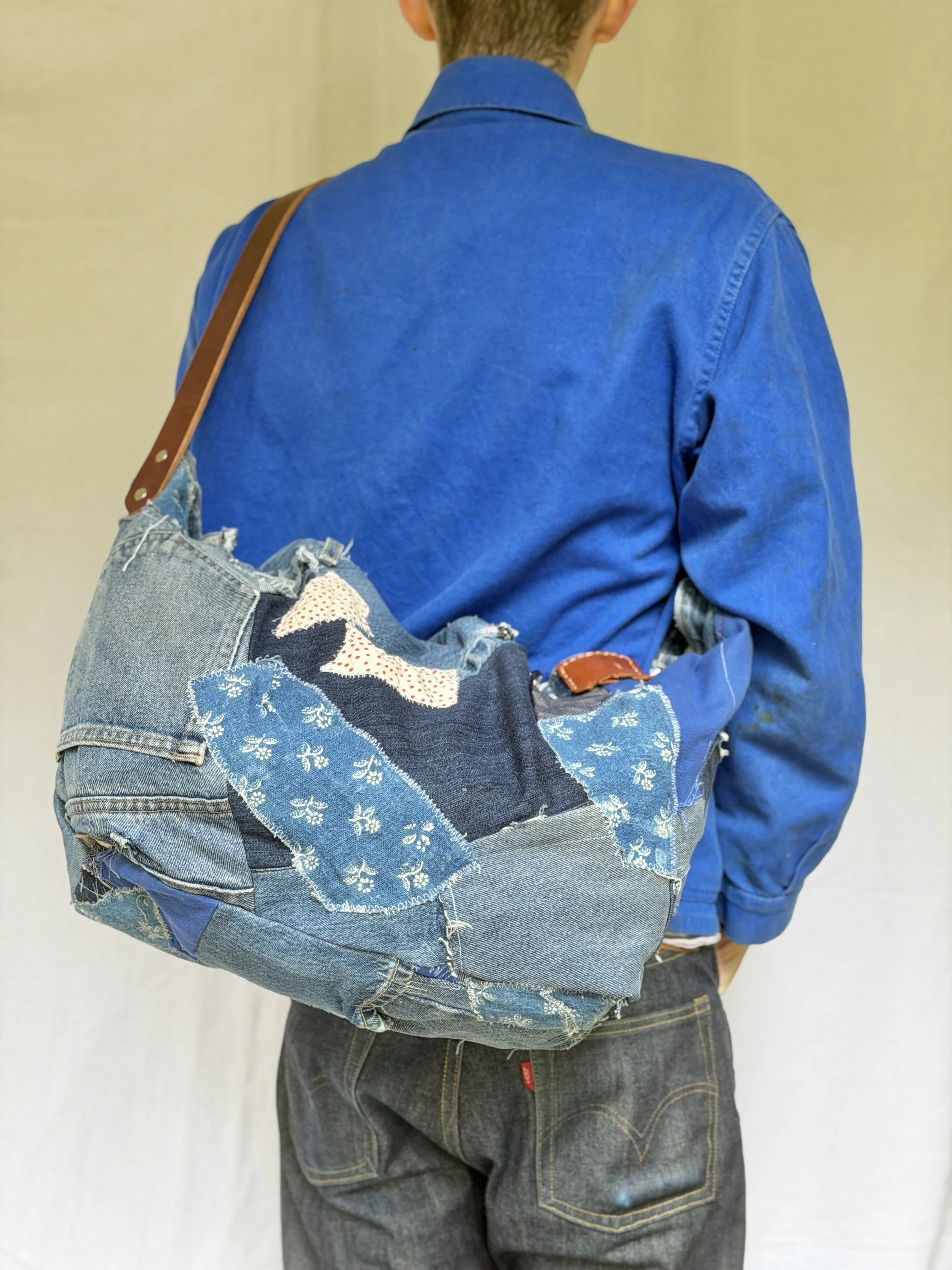 Patchwork Sashiko Satchel, Denim, indigo Shibori dyed cotton lining, leather belt strap