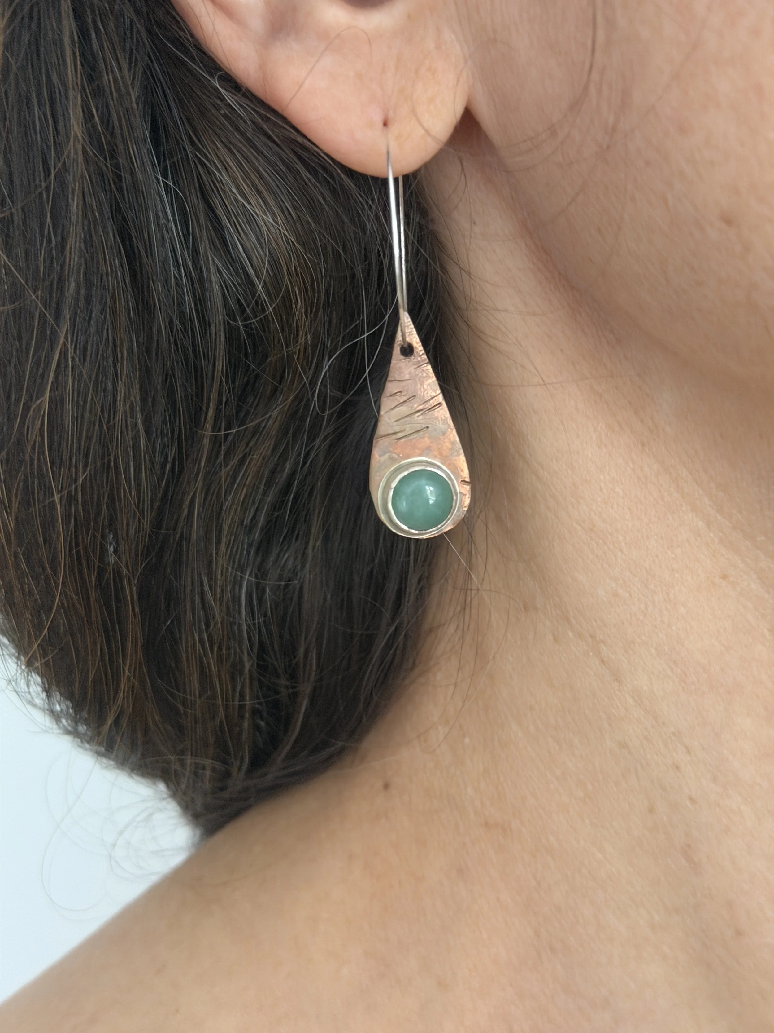Teardrop Earrings, Copper and Jade