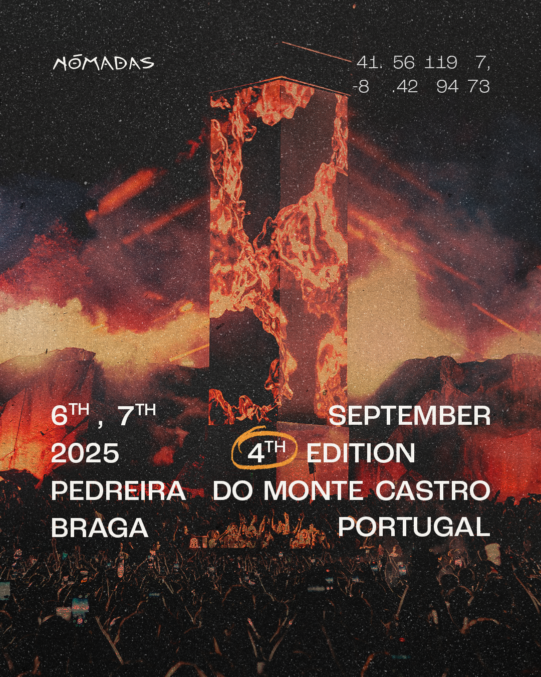 A digital poster for a music festival featuring a fiery building and a crowd at night, with event details including dates, location in Portugal, and 4th edition in 2025.