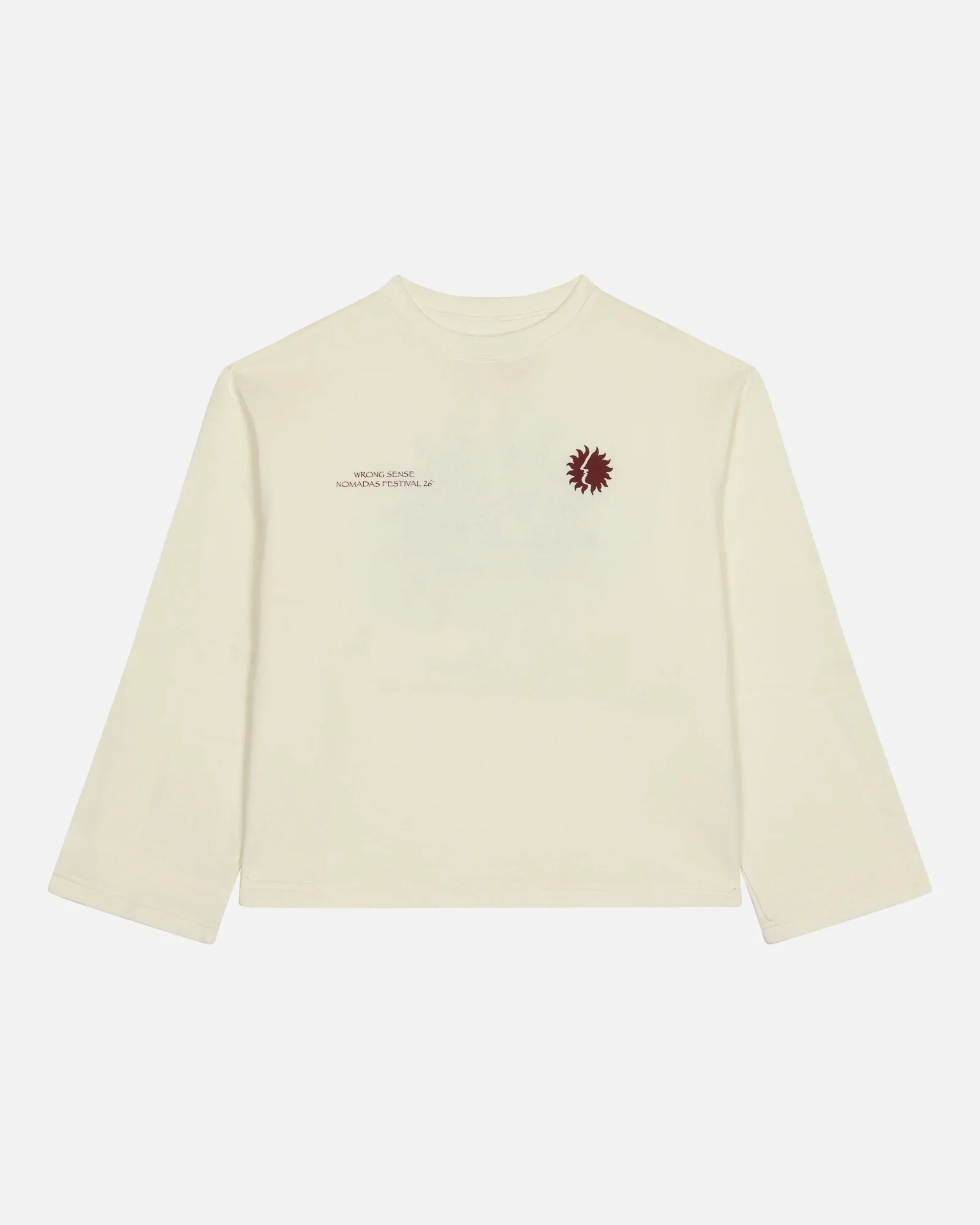 Cream-colored long sleeve shirt with text and a logo printed on the left chest area.