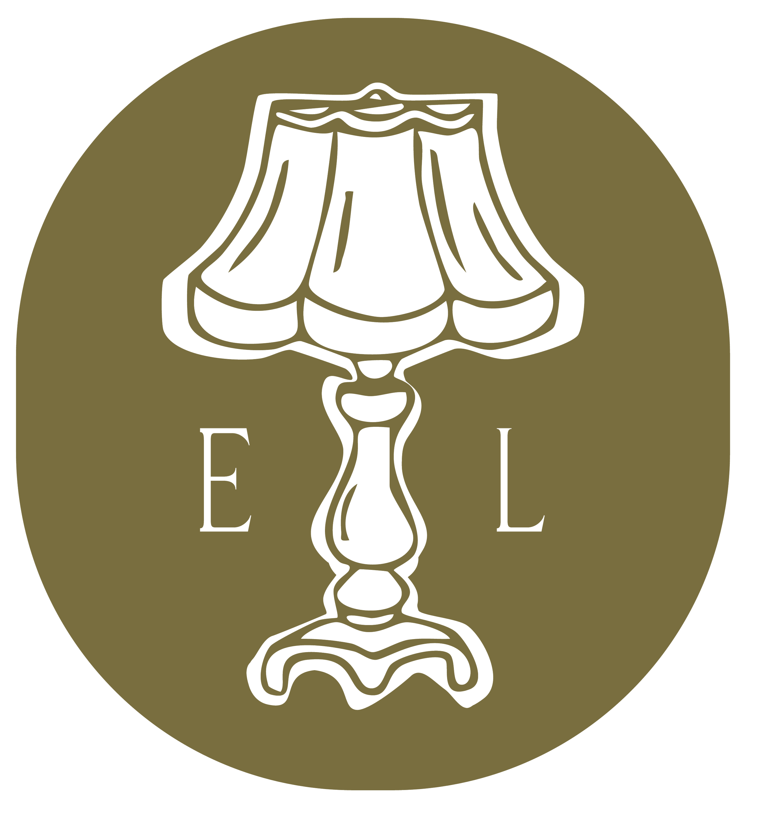 Black outline illustration of a vintage table lamp with an ornate base and fringed lampshade on a gold circular background, with the letters E and L on either side.
