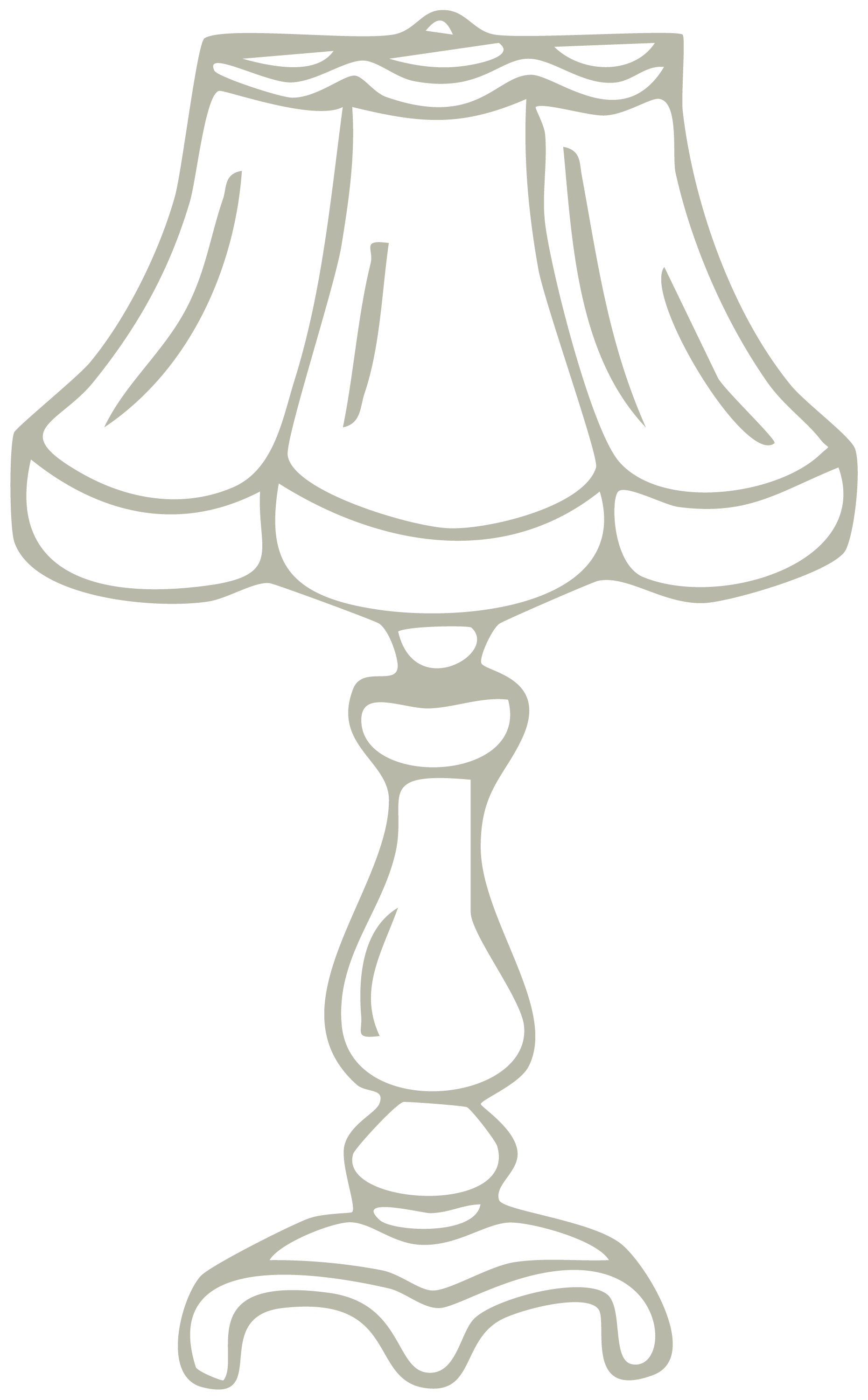 Line drawing of a table lamp with a decorative base and a fringed lampshade.