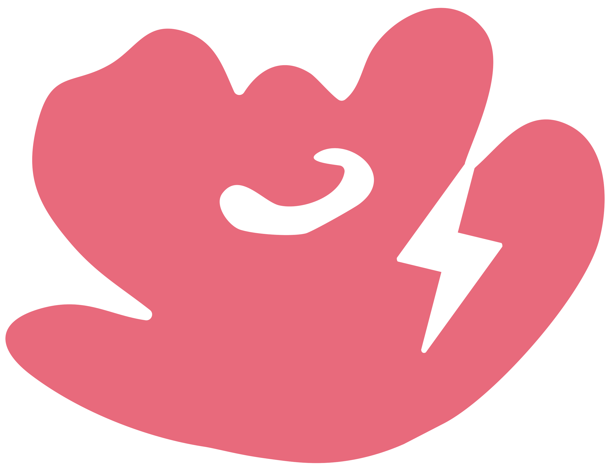 A pink hand holding a broken heart with a black lightning bolt through it.