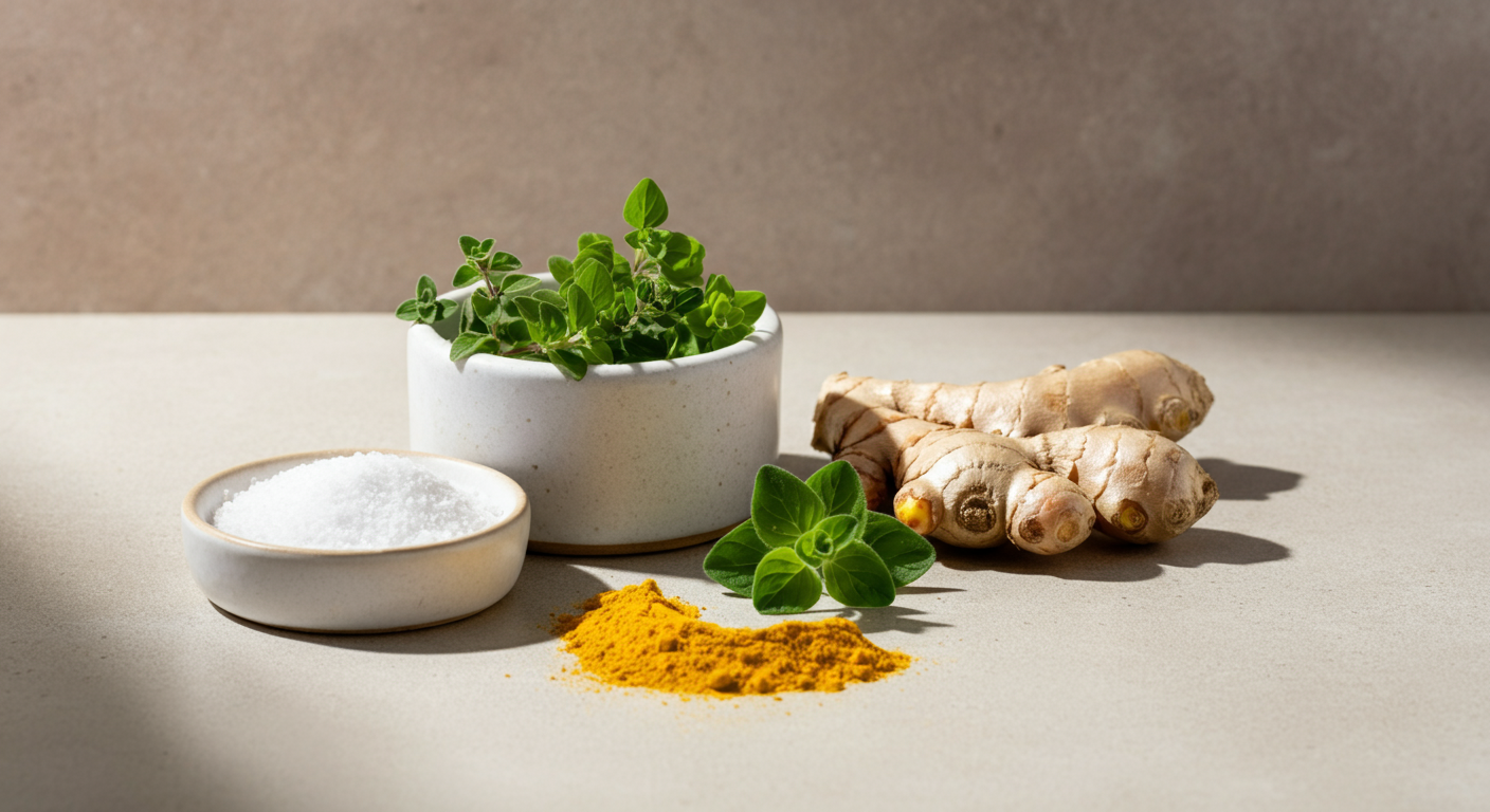 Fresh ginger root, turmeric powder, salt, black pepper, and herbs on a neutral background.