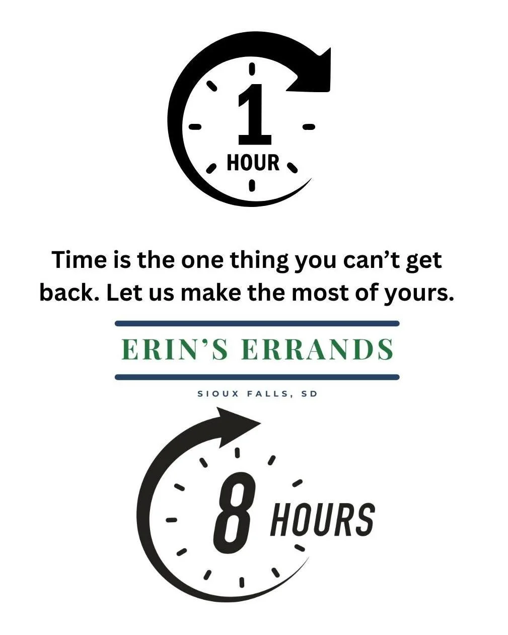 Whether it's one hour of our help or a full eight hours, make the most of the time you have with family and friends! Leave the errands to us and get back to the fun!

Book me here: https://erinserrands.com/appointments