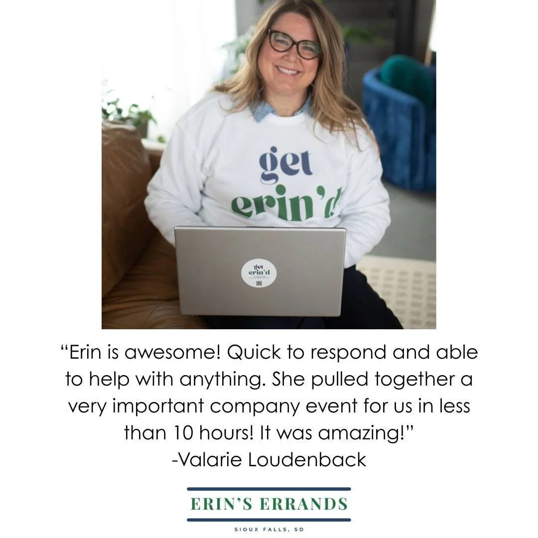 On this Support Sunday, I'm thanking Valarie for her review! Events pop up quick and you shouldn't stress out if vendors can make last-minute requests. At Erin's Errands, no matter the task, we have you covered!

Book me here: https://erinserrands.co