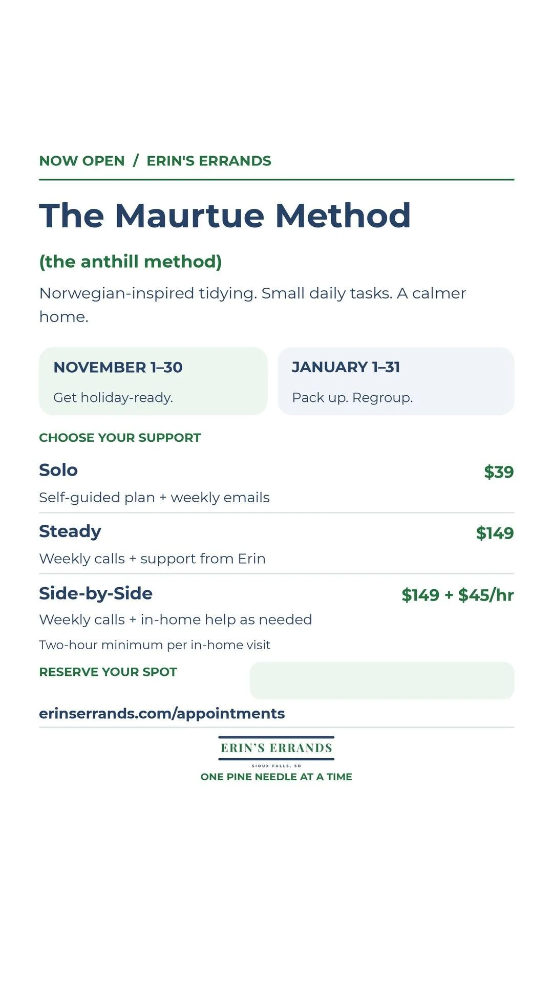 Your guests are coming for dinner. Your clutter doesn&rsquo;t need to join them.

Meet The Maurtue Method, the Norwegian-inspired, 30-day tidying program from Erin&rsquo;s Errands. It turns &ldquo;Where do I even start?&rdquo; into one manageable dai
