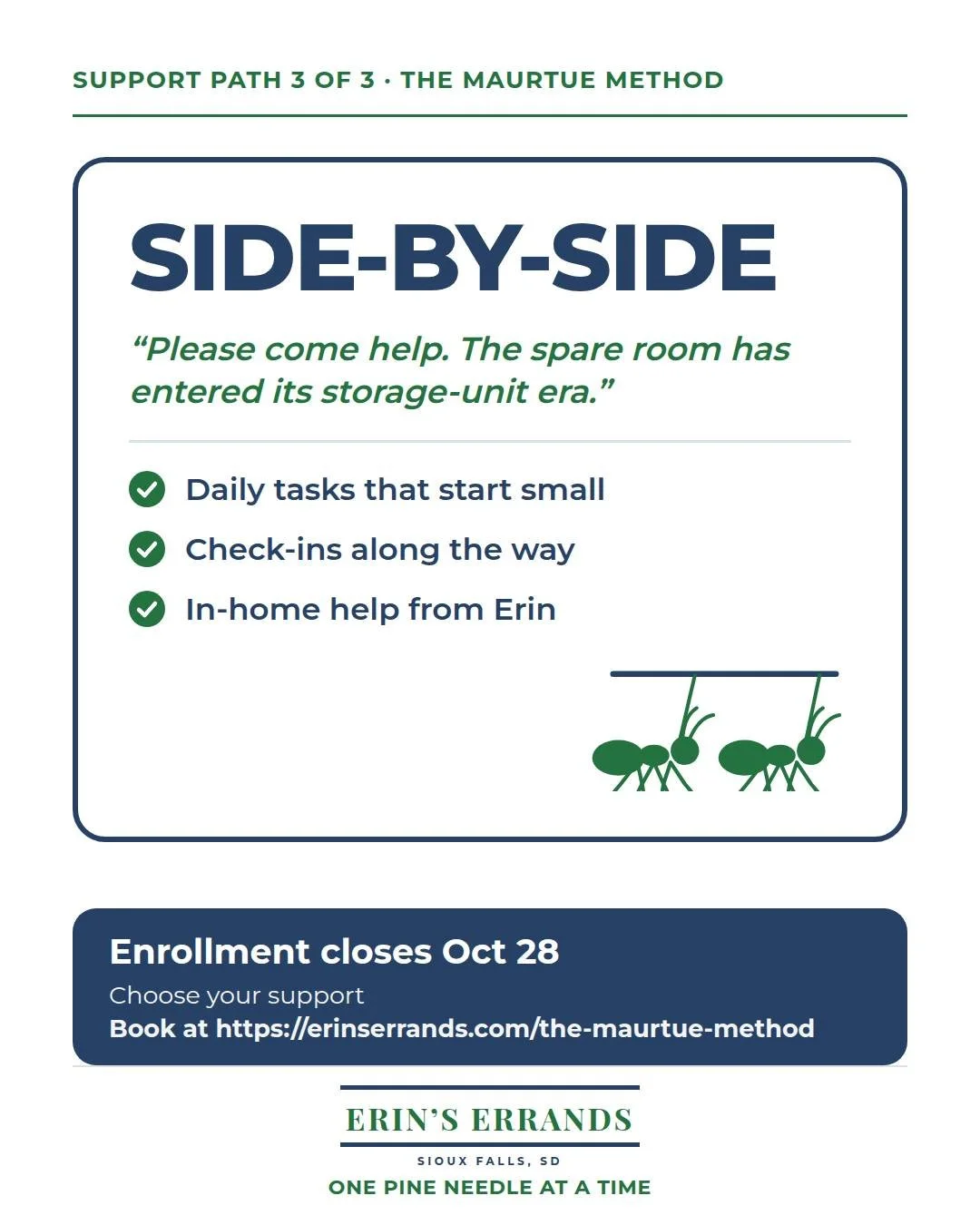 Meet The Maurtue Method Side-by-Side, for the spaces that need backup.

Some rooms can be handled with a daily task. Others have been closed off since 2022, and we both know it.

Side-by-Side includes the full plan, check-ins, and in-home help from m