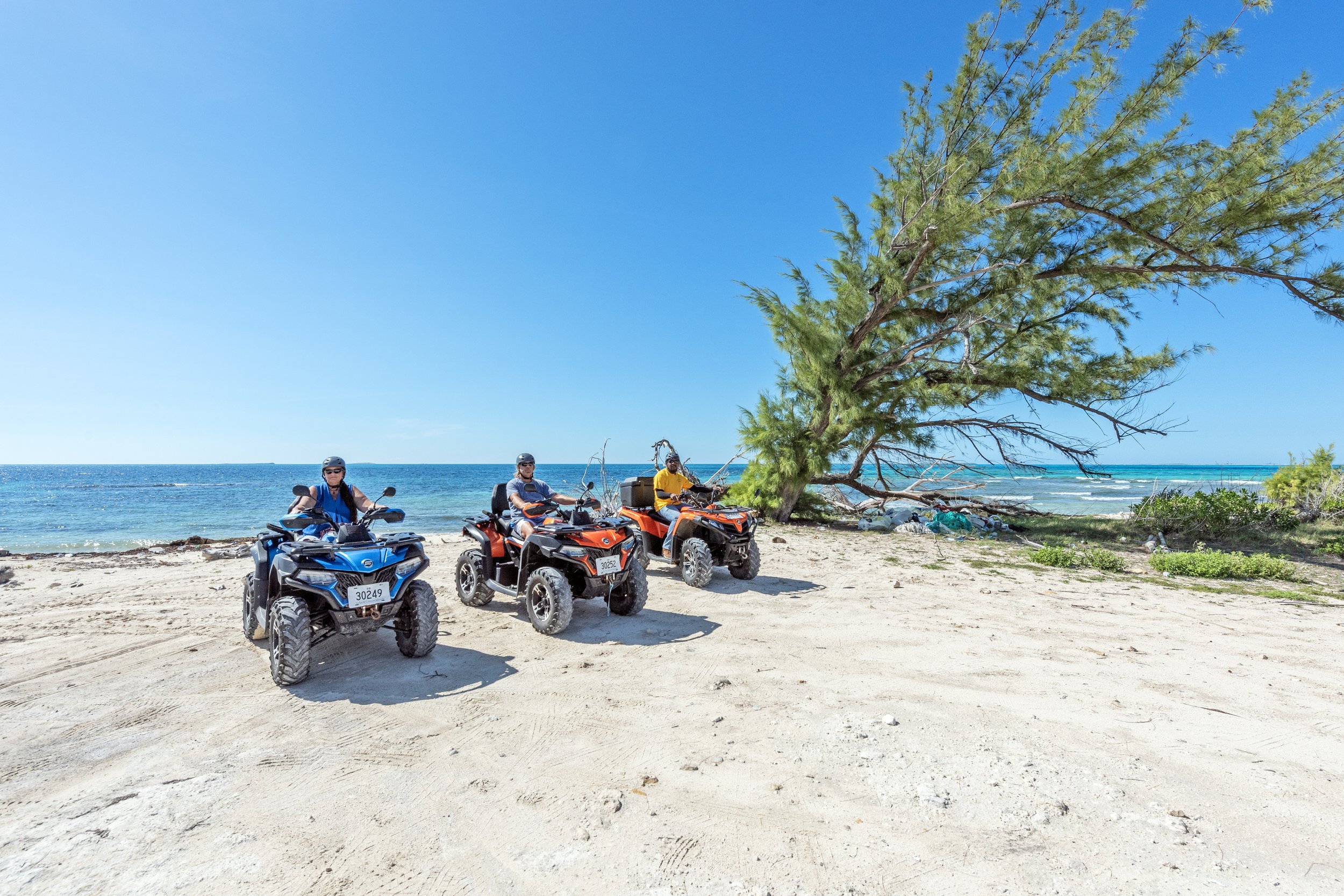 Three people riding ATVs on a sandy beach with a large tree leaning toward the ocean and blue sky in the background  J & S Caribbean Rentals, Grand Turk Island.