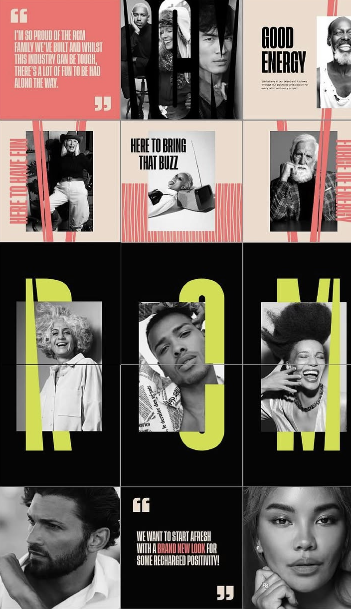 Collage of diverse people expressing energy and positivity, with motivational quotes, split into sections featuring headshots and candid photos in black and white, with red and yellow accents.