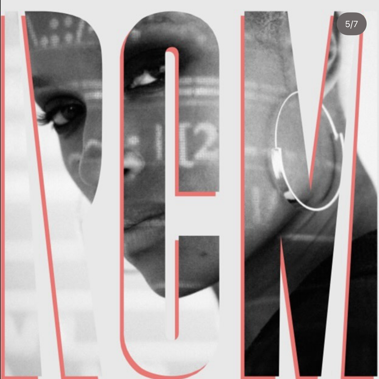 Black and white close-up of a woman's face with earphone, overlaid with large red and white text partially covering her face.