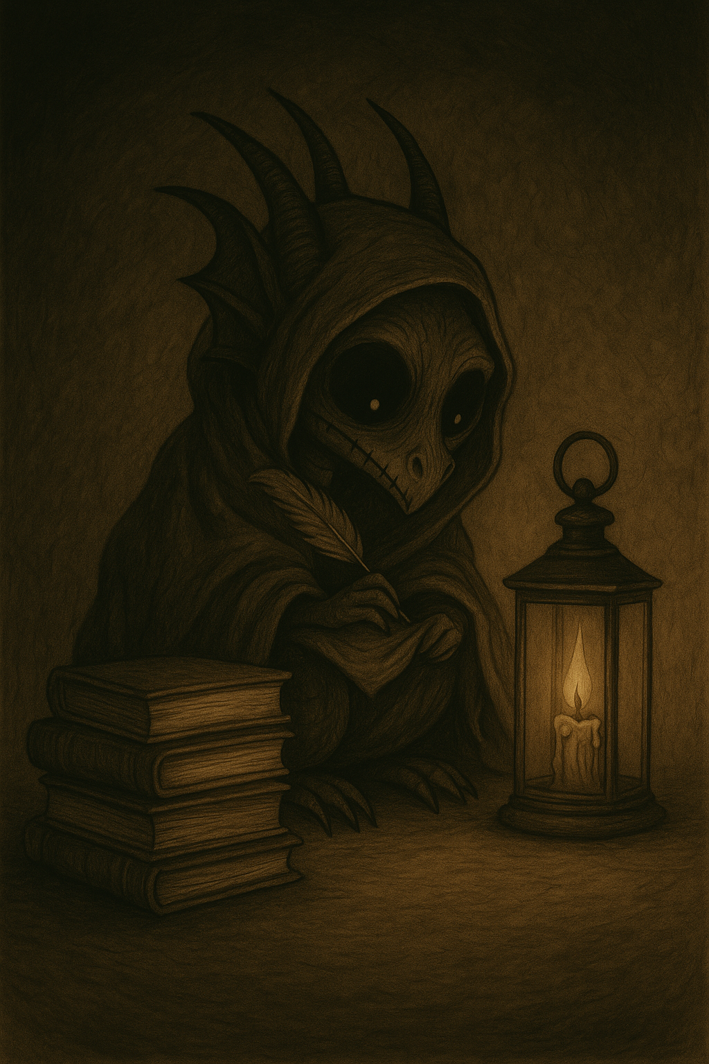 A dark drawing of our shop mascot Bookwyrm called Wyrmwood. With a human skull face, large black eyes, a hood, and horns, sitting near a lit candle in a lantern, holding a quill with a stack of books nearby.