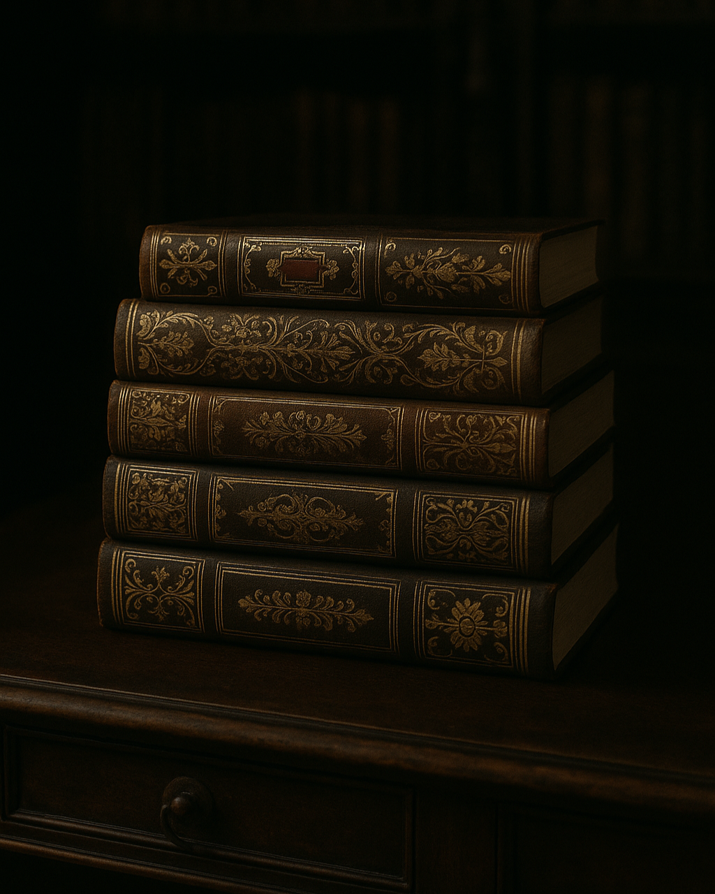 A stack of six vintage leather-bound books with gold floral embossing on a dark wooden table.