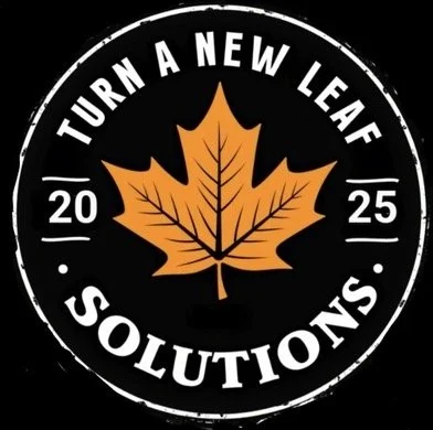 A circular logo with an orange maple leaf in the center and the text 'Turn a New Leaf Solutions' around it, along with the year '2025'.
