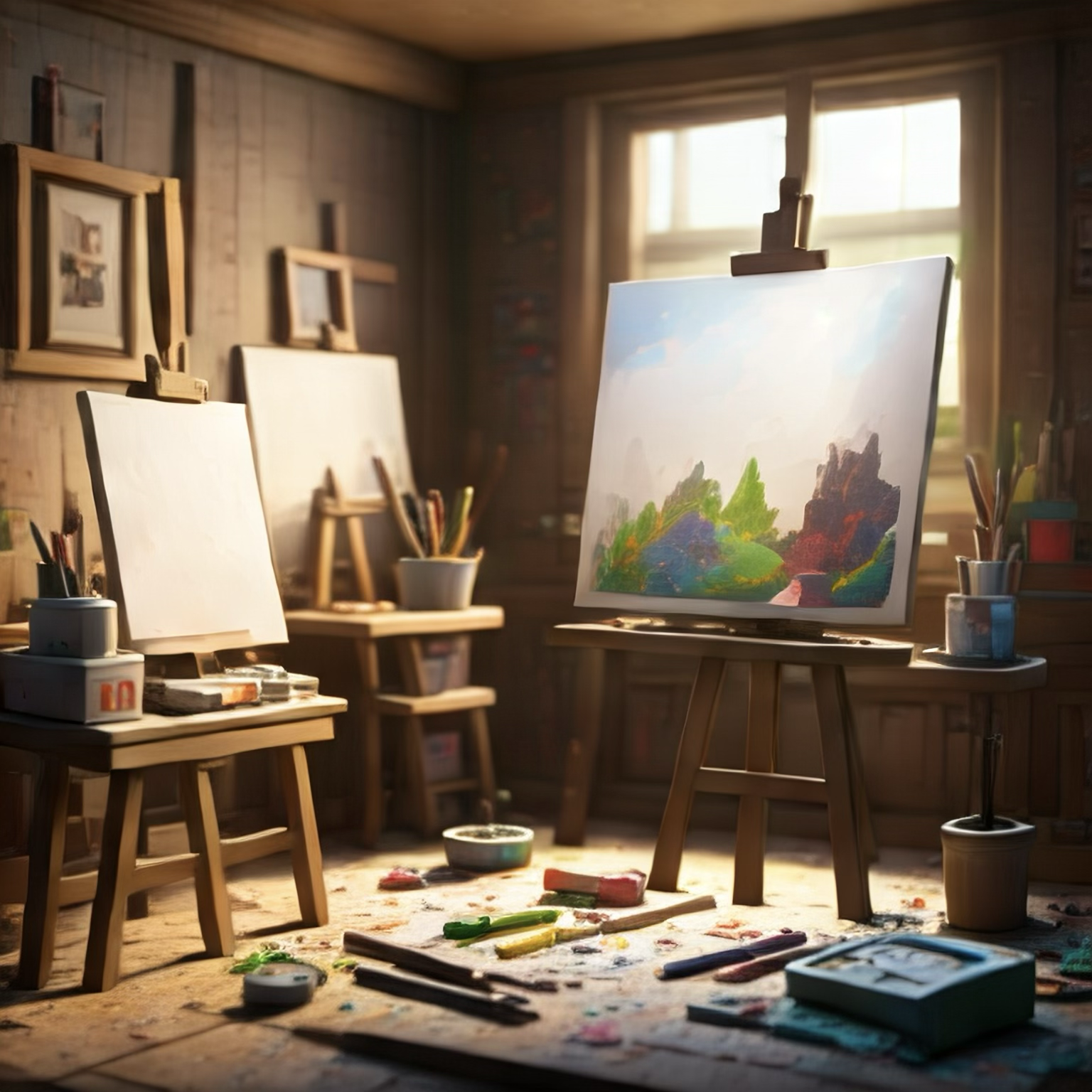 An art studio with three blank canvases on easels, one partially painted landscape, and various art supplies scattered on the floor and tables, illuminated by sunlight through a window.
