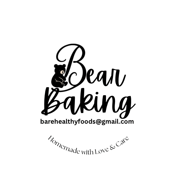 Logo for Bear Baking featuring a black bear illustration and the email address barehealthyfoods@gmail.com with the tagline "Homemade with Love & Care".