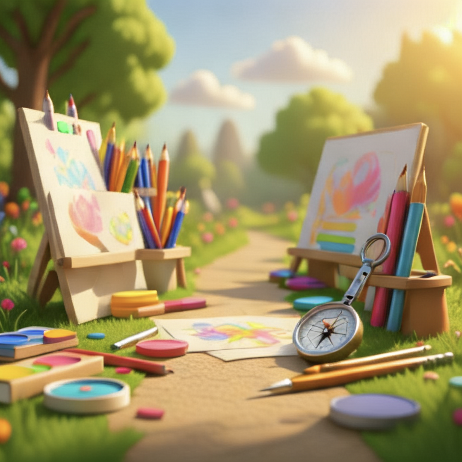 Miniature outdoor art studio setup on a grassy pathway, with colorful paints, pencils, and drawings on small easels, surrounded by trees and flowers, bathed in warm sunlight.