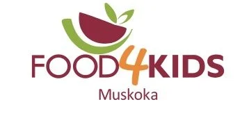 Logo for Food 4 Kids Muskoka featuring a stylized apple with a bite taken out of it in green and red, and the text 'FOOD 4 KIDS Muskoka' in purple and orange.