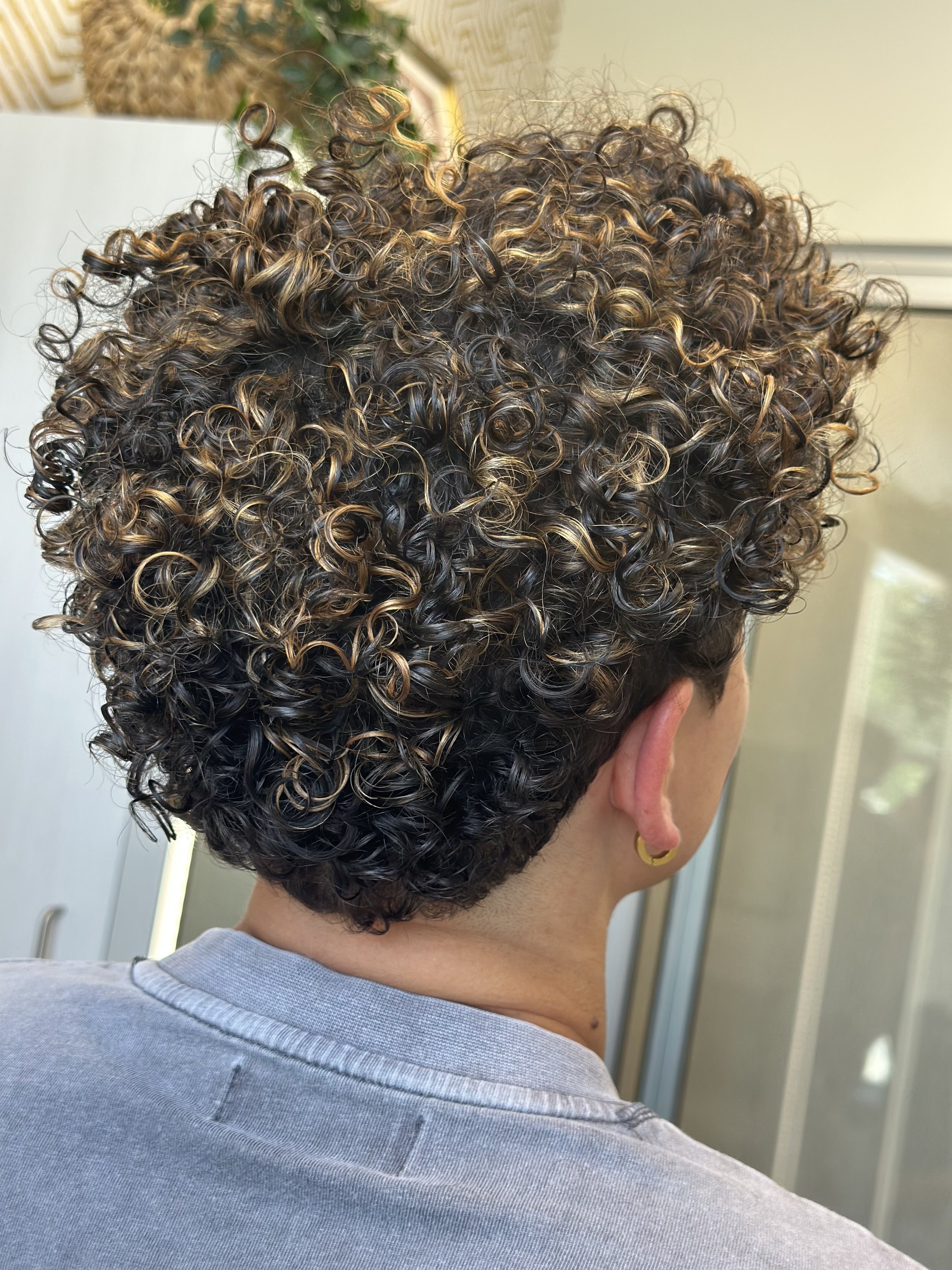 Photo of a client with short curly hair and lots of highlights and dimension.