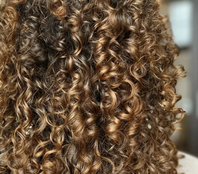 A close-up shot of very curly light to darker brown hair.