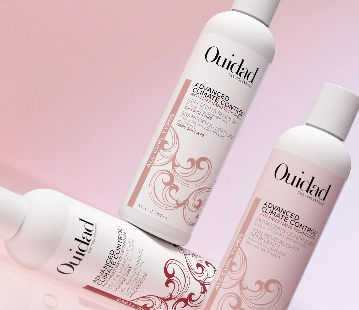 Photo of several bottles of Ouidad hair products.