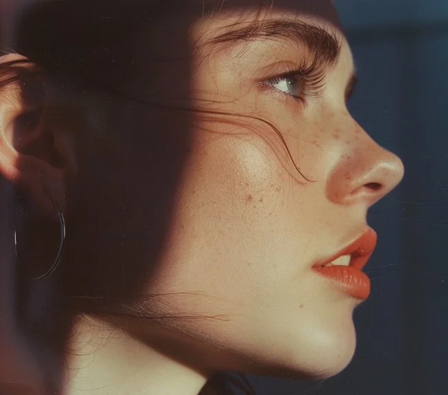 Close-up photo of a young woman's side profile and upper lip.