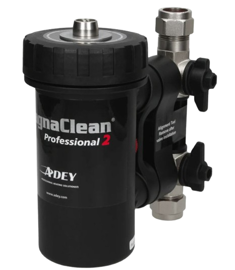 A MagnaClean Professional 2 magnetic filter device by ADLEY, used for removing debris from heating systems and plumbing.