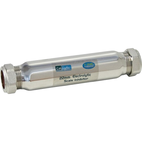 A medical syringe labeled '22mm Electrolytic Scale Inhibitor' and 'Cal Ritec' with a transparent body and metallic ends.