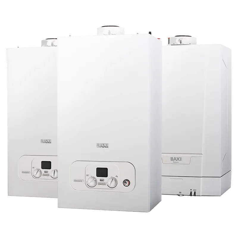 Three white Baxi boiler units with digital displays and control knobs, used for heating and hot water systems.