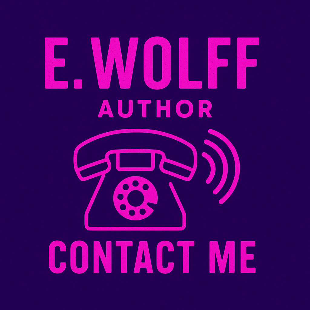 Pink neon sign with a vintage rotary phone illustration and the text "E. WOLFF AUTHOR CONTACT ME" against a dark background.