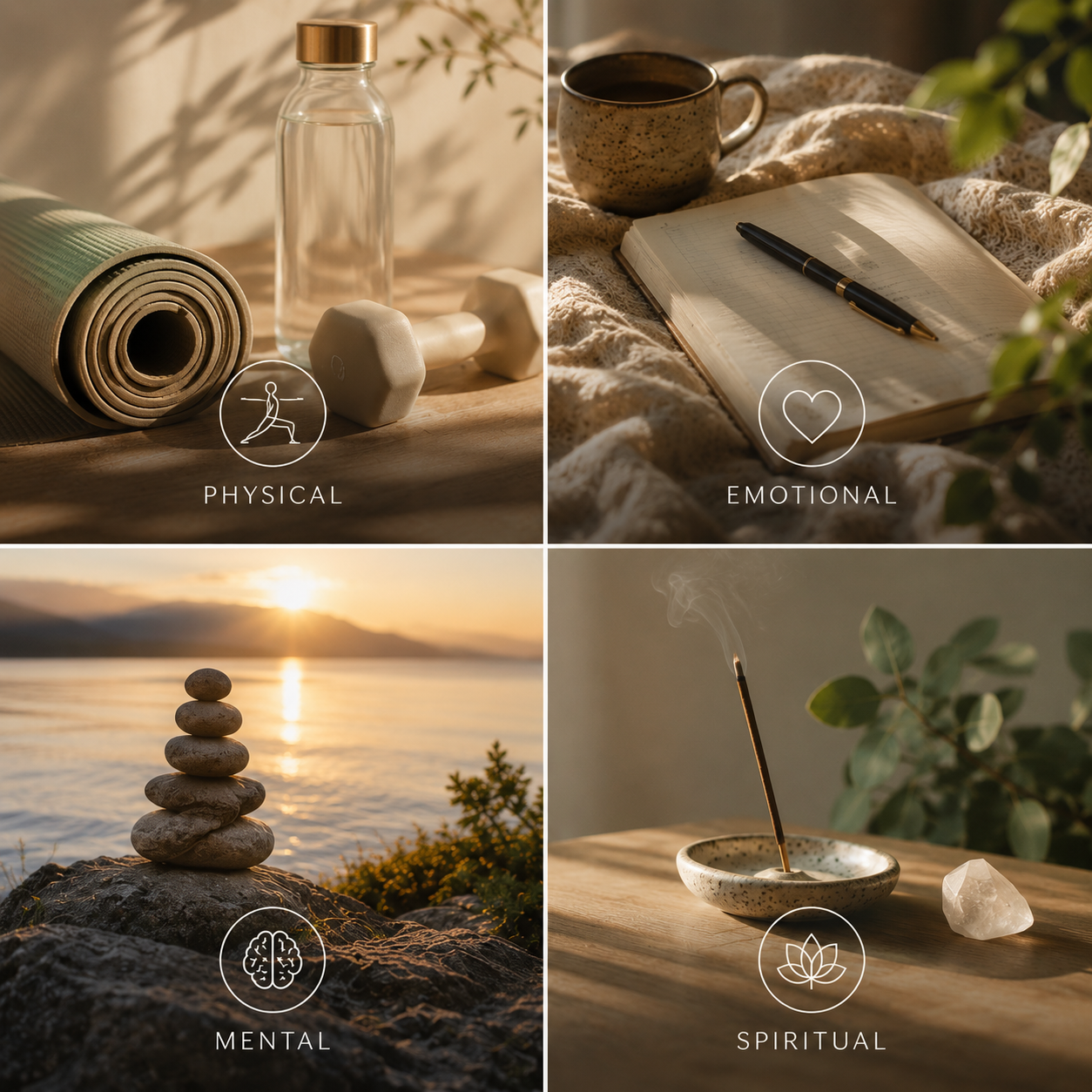 Four-panel image representing holistic coaching pillars: physical wellness with yoga mat and water bottle, emotional wellbeing with journal and tea, mental clarity with stacked stones at sunset, and spiritual practice with incense and meditation