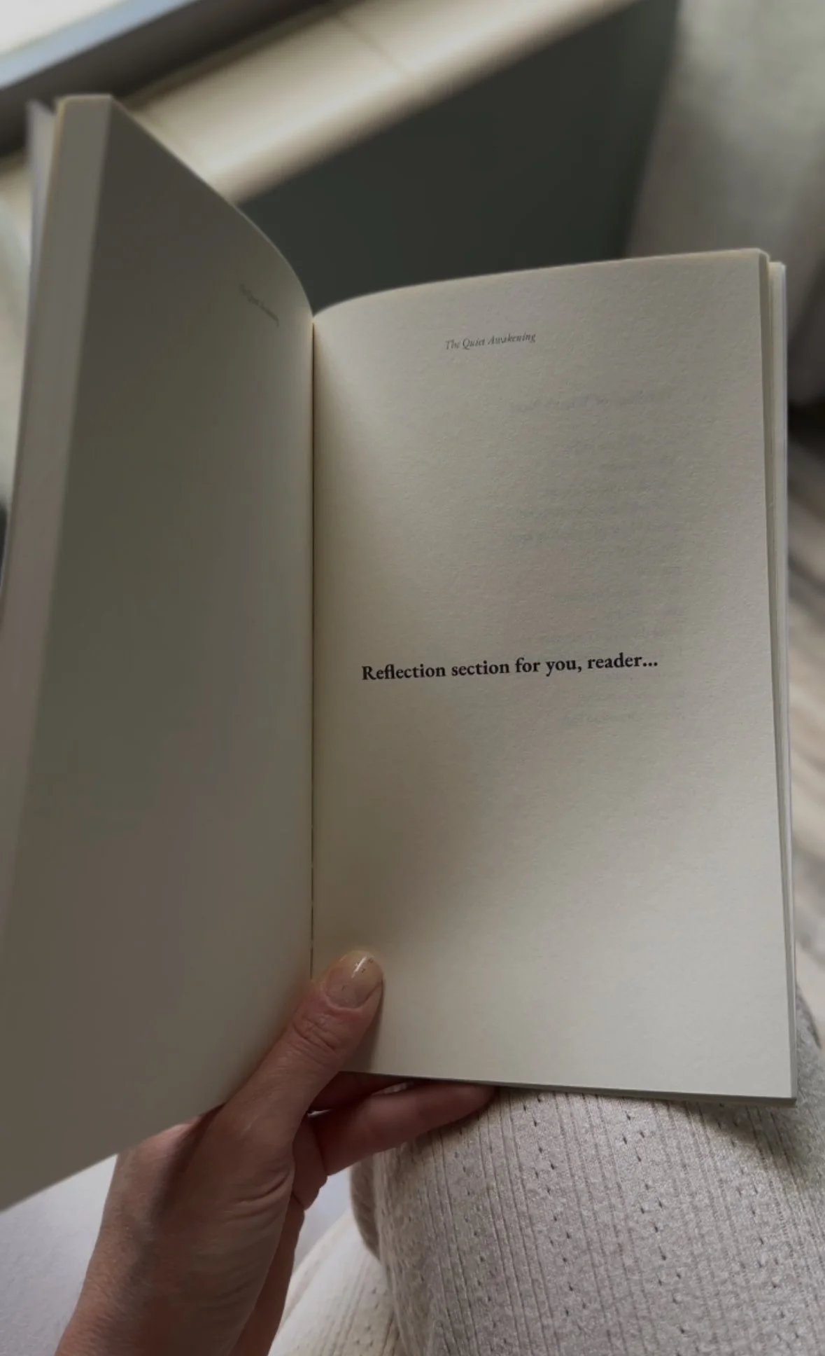 Open page from The Quiet Awakening showing a dedicated reflection section, inviting readers to pause and explore their inner truth.