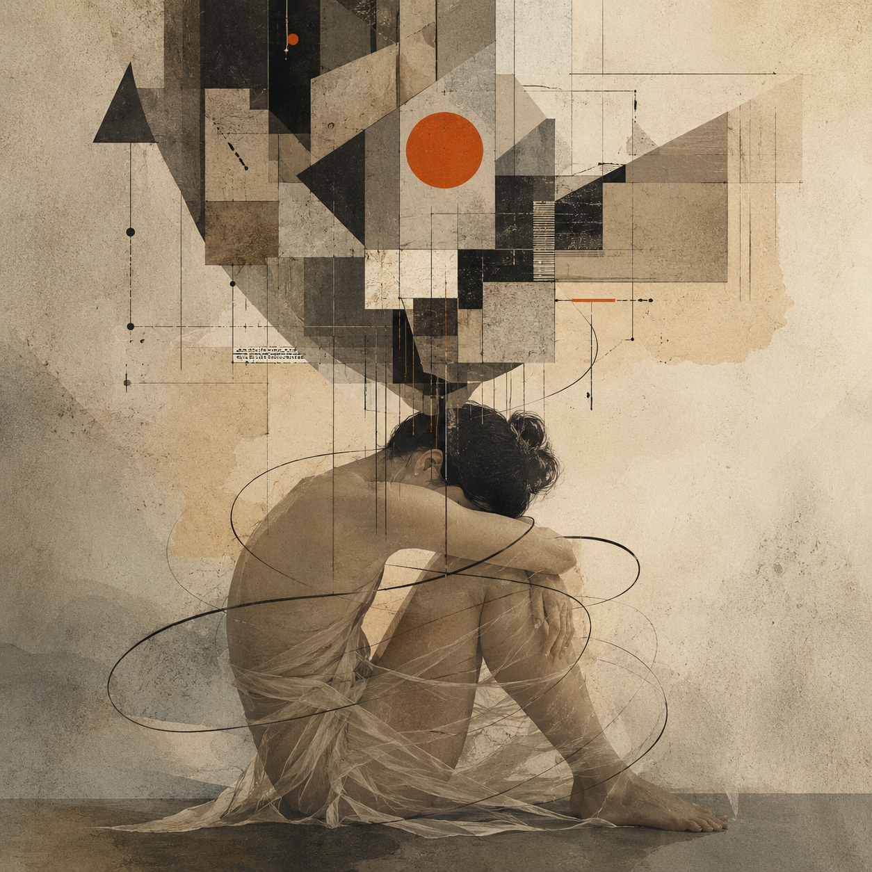 Abstract artistic image of a woman in a contemplative pose with geometric shapes representing mental patterns overlaying her form, symbolizing the gap between mind and body in healing