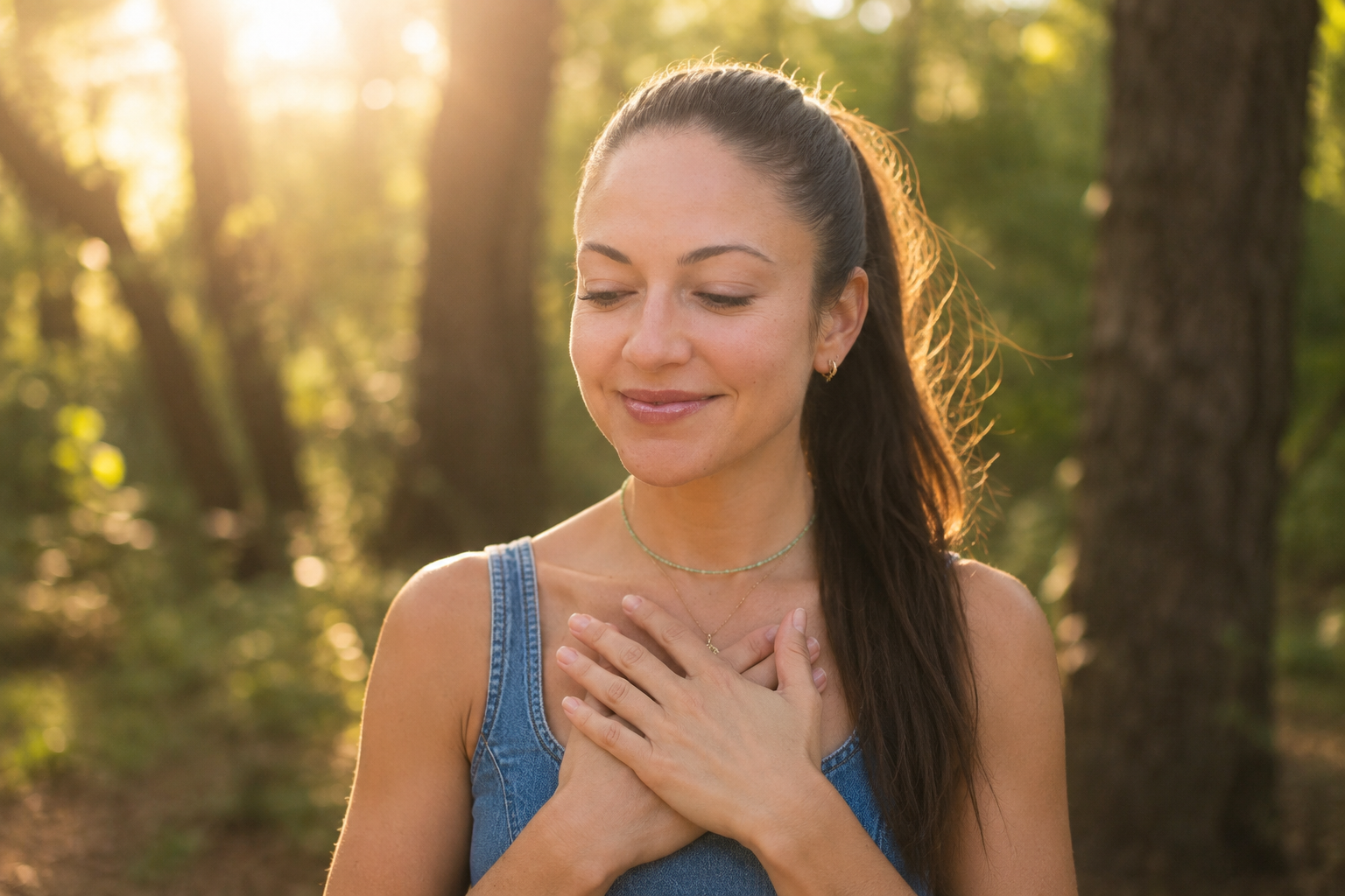 Priscilla Zorrilla with hand on heart in golden forest light, founder of In The Search Bar, embodying the journey from suppression to self-loyalty
